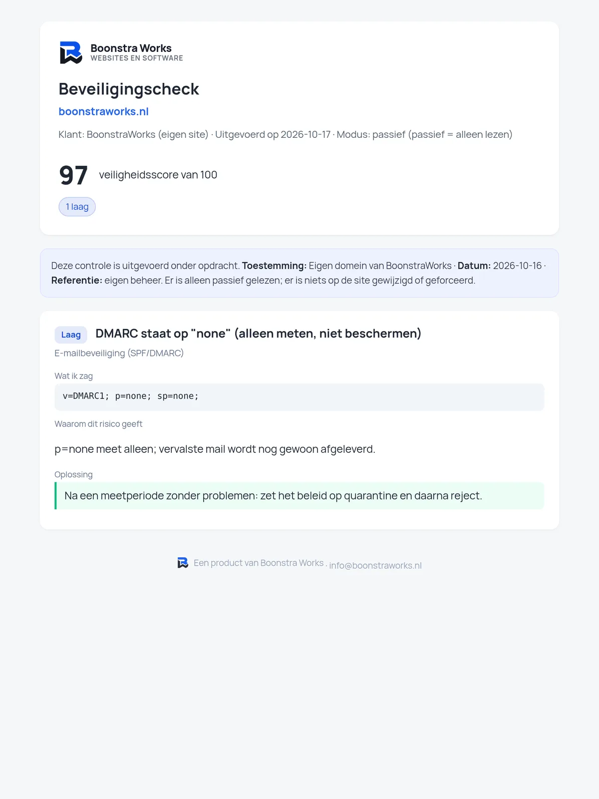 Voorbeeld van een beveiligingsrapport van boonstraworks.nl met score 97 van 100 en één bevinding met uitleg en oplossing