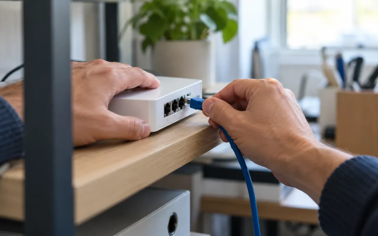 Een netwerkkabel wordt aangesloten op een router in een klein kantoor