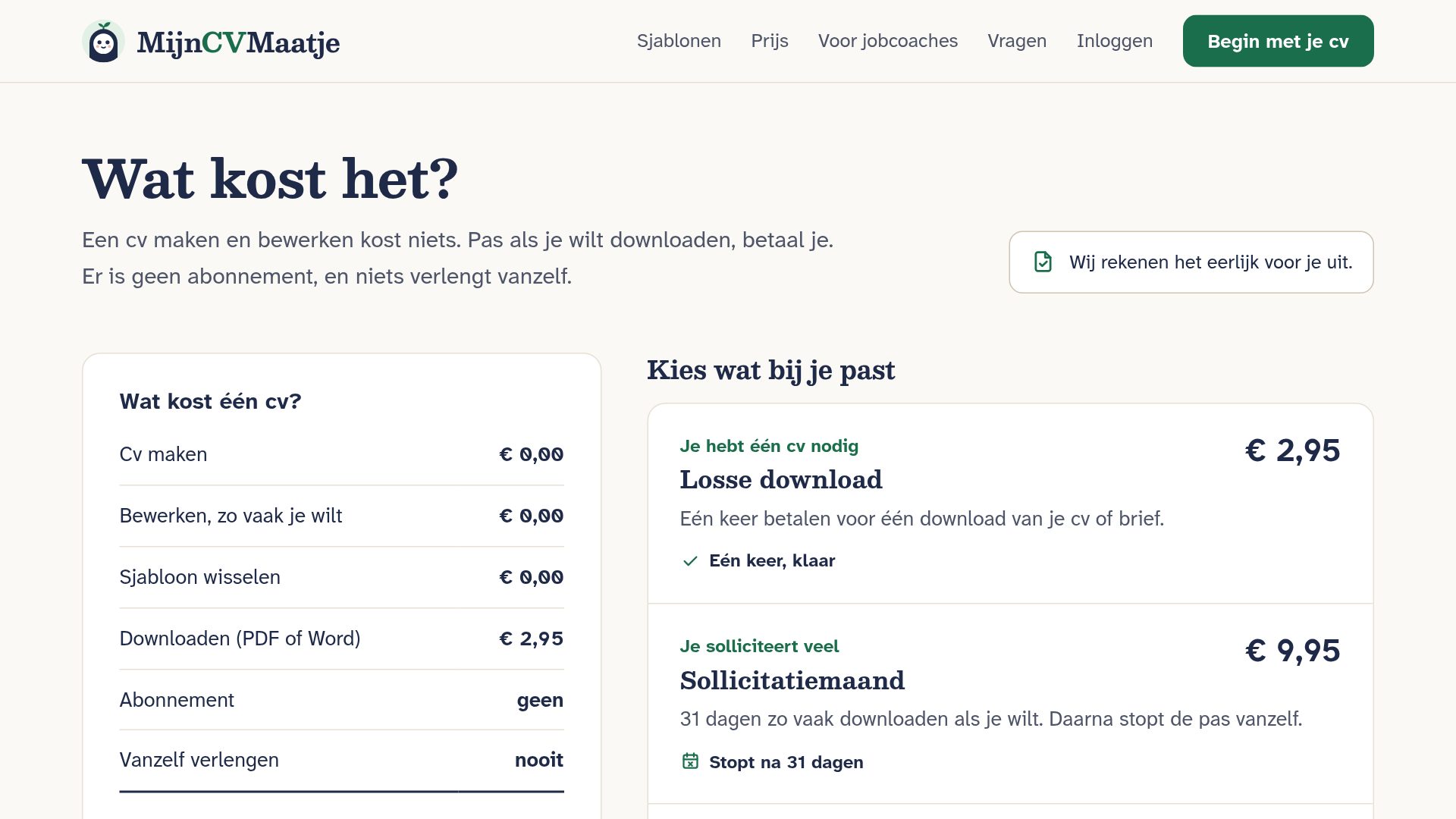MijnCVMaatje.nl: Eerlijke prijzen, geen abonnement