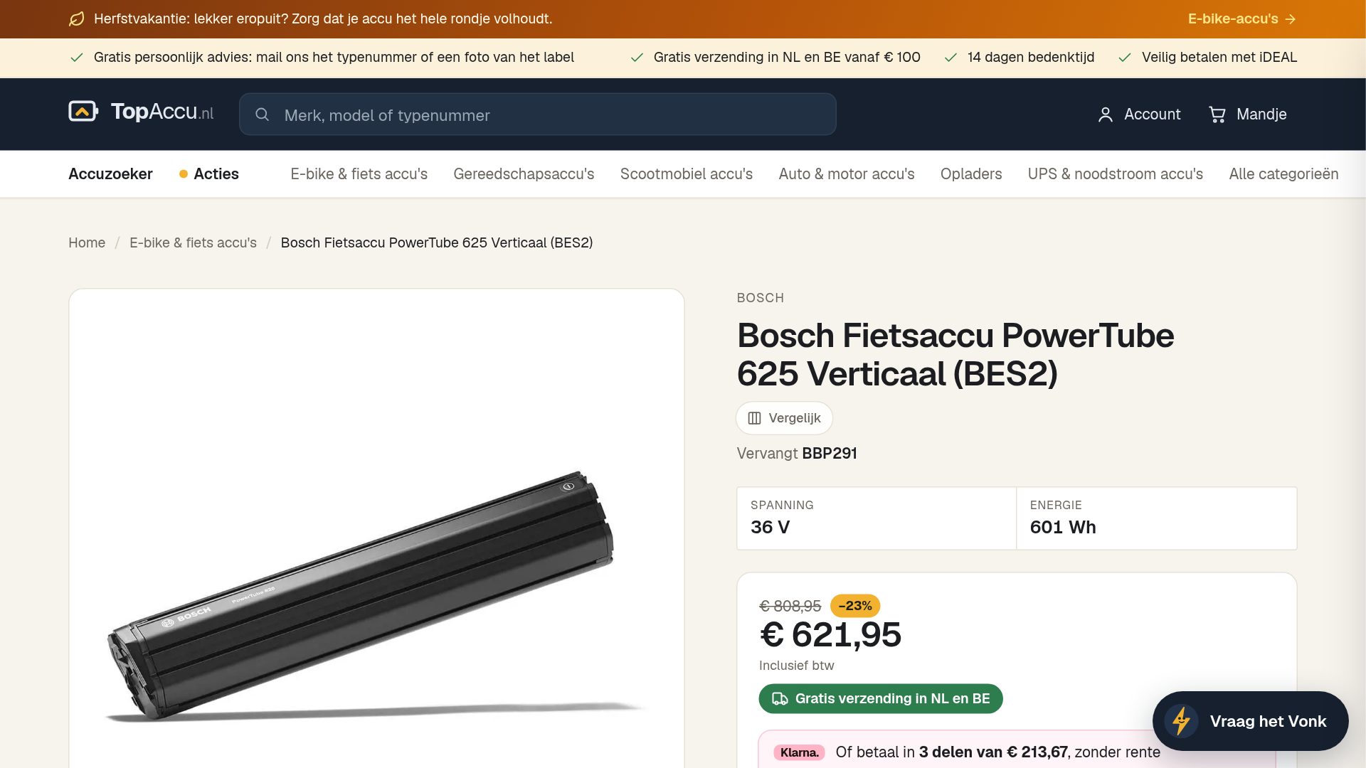 Productpagina van TopAccu.nl, gekoppeld aan voorraad en betalen in delen